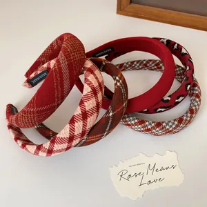 Set of five padded winter headbands in red plaid and leopard print for women