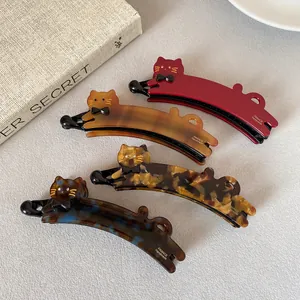 Fermagli per capelli a banana a forma di gatto in resina rossa, ambra e tartarugata