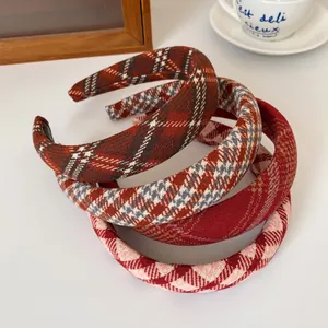 Red plaid headband set with four fabric patterns for winter and autumn hair styling