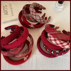 Handmade red padded headbands set with plaid, polka dot and leopard fabric patterns