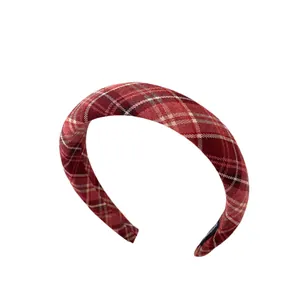 Elegant red plaid thick headband with classic tartan pattern and black non-slip inner lining