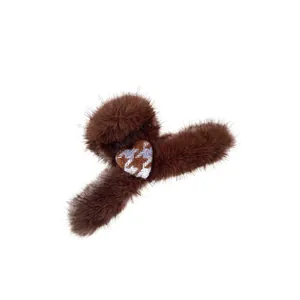 Brown plush leopard heart hair claw clip with houndstooth pattern for elegant styling