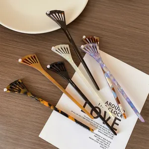 Vintage Acetate Fan Shaped Hair Stick With Faux Pearl Elegant New Chinese Style Handmade Hairpin For Women Bun Styling