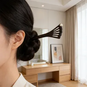 Elegant Chinese acetate hair pin with fan-shaped carved wood and pearl for bun hairstyles