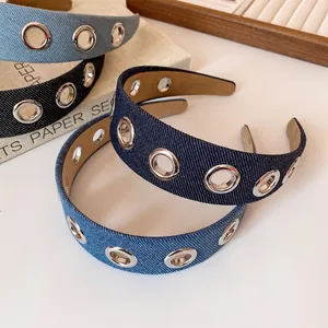 Serre-tête Large en Denim Punk Avec Oeillets Métalliques Argentés Mode Rétro pour Femmes Accessoires Streetwear Quotidiens