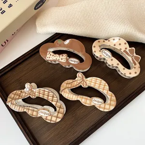 Korean Style Large Cloud Hair Claw Clip Acrylic Bow Plaid Dot Pattern Milk Tea Coffee Color Shark Clip For Women Hair Styling