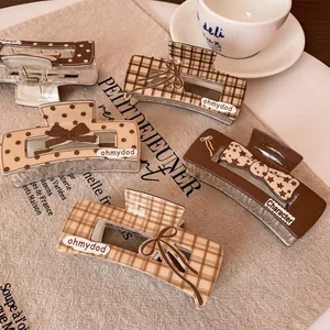 Five pieces set of French vintage plaid hair claws in brown and cream earth tones
