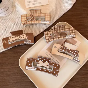 Set of 5 vintage plaid and polka dot claw clips for thick hair in warm brown tones