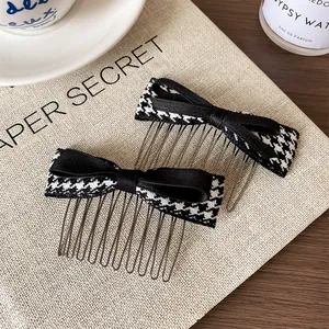 Houndstooth Bowknot Hair Comb Vintage Fabric Satin Ribbon Metal Hair Fork Elegant Side Hair Pin Hair Accessories For Women