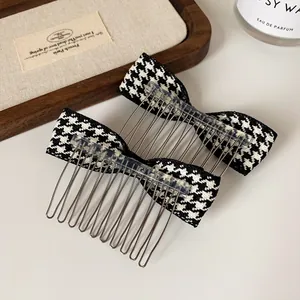 Houndstooth bow metal hair comb set for styling bangs and securing loose hair neatly