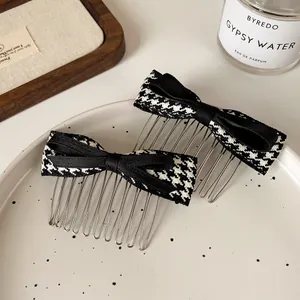 Houndstooth bow hair combs set with black ribbons and silver metal base for women