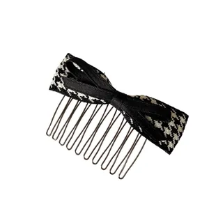 Plaid bow hair comb accessory with black and white houndstooth pattern and silk ribbon