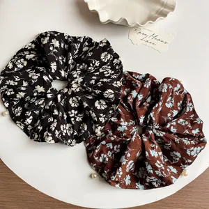 Korean Style Large Floral Scrunchie For Women Elegant Fabric Hair Tie With Pearl Decoration Retro Flower Print Hair Accessories