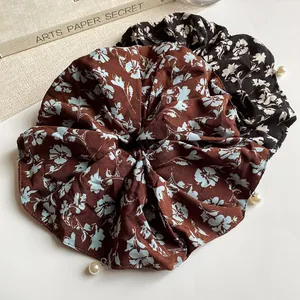 Elegant floral chiffon scrunchies set with pearl charms for French style hair styling