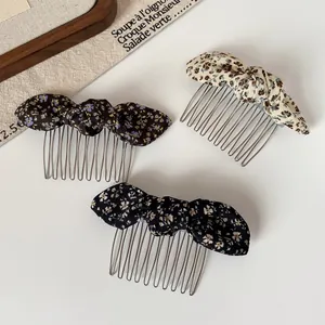 Korean Style Floral Fabric Bow Hair Comb For Women Vintage Handmade Butterfly Knot Metal Tooth Hair Insert Clip Headwear