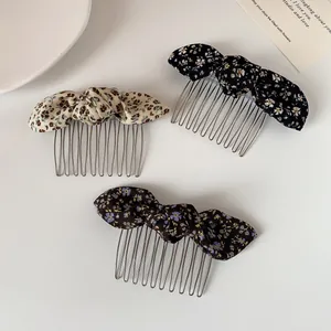 Three-piece floral bow hair side combs with metal teeth in various colors