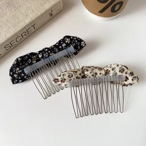 Floral bow hair side combs in black and beige patterns for Korean style hair styling
