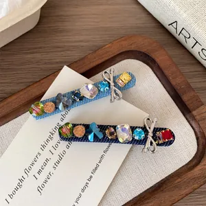 Vintage Denim Fabric Rhinestone Hair Clip With Silver Bowknot Elegant Colorful Crystal Side Fringe Clip For Women Hair Accessory