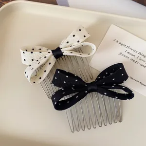 Polka dot bow hair side comb set in classic black and white fabric for women