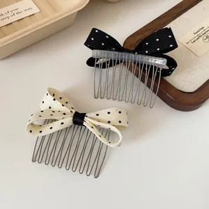Polka dot bow hair comb set with 12-tooth metal hair clip for fringe styling