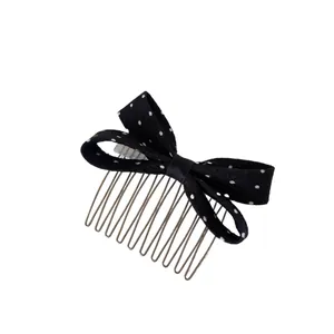 Black polka dot bow hair comb with metal teeth for women front fringe styling