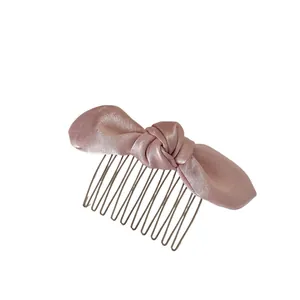 Elegant pink satin bow hair comb with 10-tooth silver metal clip for women styling