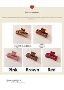 Detail view of five assorted geometric hair clips in coffee, leopard, and pink finishes