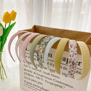 Vintage Floral Checkered Fabric Headband Women Wide Brim Pastoral Style Cloth Wrapped Hair Hoop Versatile Hair Accessories