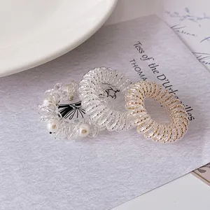 Korean Style Spiral Telephone Cord Hair Ties For Women Minimalist Elastic Hair Bands With Faux Artificial Pearl Metal Beads