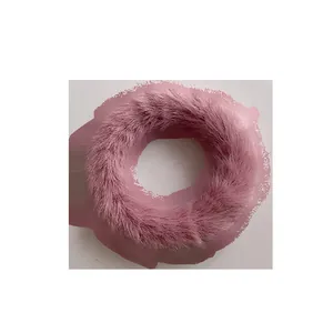 Soft pink plush faux rabbit fur scrunchie for women, fluffy elastic hair tie hair band