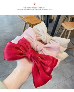 Detalle de los lazos grandes brillantes para el cabello en rojo, rosa claro y beige
