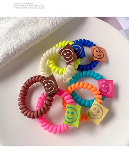 Dettaglio di elastici a spirale colorati con etichette smiley ricamate in una ciotola