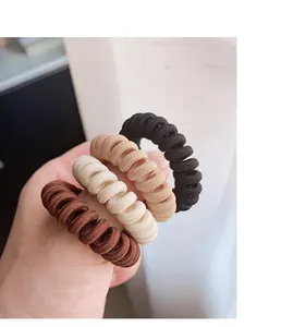 Détail de quatre élastiques à cheveux spirales marron et crème portés au poignet