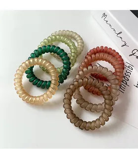 Close-up of matte spiral hair ties in Morandi colors on a minimalist background