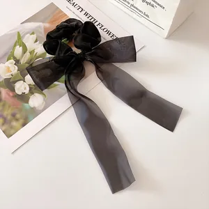 French Style Organza Bow Hair Scrunchies With Long Streamer Elegant Sweet Mesh Hair Ties For Women Girls Daily Hair Accessories
