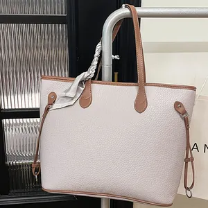 Women Large Capacity Litchi Texture PU Leather Tote Bag With Satin Scarf Urban Simple Shoulder Crossbody Bag Handbag