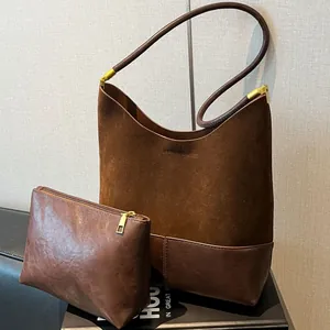 Vintage Γυναικεία Τσάντα Tote Με Πορτοφόλι Τεχνητό Καστόρι Δέρμα PU Ραφές Αντίθεσης Μεγάλη Χωρητικότητα Τσάντα Ώμου Καθημερινή