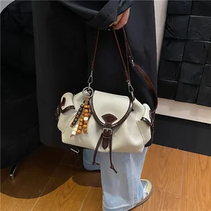 Sac seau rétro en toile et cuir avec perles en bois pour les déplacements quotidiens femme