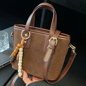 Women Vintage Suede Look Quilted Bucket Bag Retro Diamond Lattice Crossbody Shoulder Bag With Wooden Beaded Charm Handbag