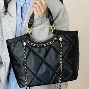 Sac Fourre-Tout Rétro en Cuir PU pour Femmes Motif Treillis en Diamant Avec Chaîne Grande Capacité Sac à Épaule Quotidien