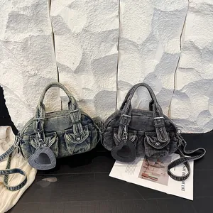 Retro denim bowling handbags in blue and black with Y2K heart mirror charms