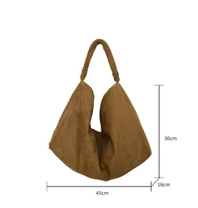 Brown suede hobo shoulder bag dimensions: 30cm height, 45cm width, and 16cm bottom depth