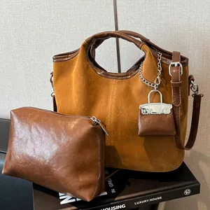 Ρετρό Τσάντα Tote Με Υφή Σουέντ Για Γυναίκες Δερμάτινη PU Τσάντα Ώμου Χιαστί Με Μίνι Γούρι Τσάντας Μόδας Μετακίνησης