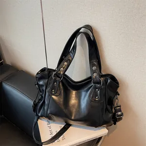 Μεγάλης Χωρητικότητας Vintage PU Δερμάτινη Τσάντα Tote για Γυναίκες Κορεατικού Στυλ Πλισέ Τσάντα Χιαστί Με Πριτσίνια Καθημερινή Τσάντα