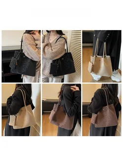 Fashion large capacity tote bag shown on model in black beige and coffee colors