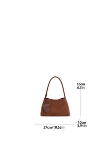 Detailed dimensions of brown suede underarm bag with accessory pouch and strap measurements
