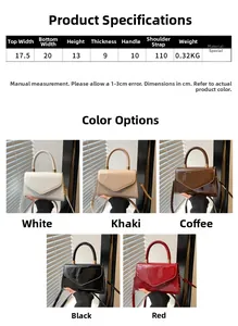 Tableau des dimensions du sac et présentation des cinq coloris disponibles en cuir verni