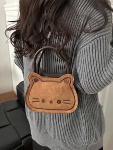 Women's Cute Cartoon Cat Shaped Crossbody Bag Faux Suede Embroidery Mini Handbag With Plush Charm Versatile Shoulder Bag