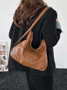 Women Vintage PU Leather Large Capacity Tote Bag Embossed Logo Shoulder Bag Casual Commuting Hobo Bag Crossbody Handbag