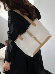 Women Large Capacity Tote Bag Minimalist Woven Texture PU Leather Shoulder Bag With Metal Buckle Contrast Color Commuter Handbag
